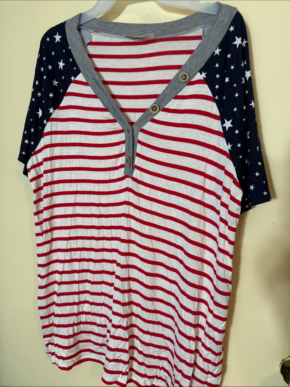 Women’s Red & White Striped Henley Top with Navy Star Raglan Sleeves